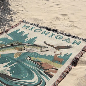 Michigan Walleye Cabin Woven Throw Blanket | Walleye Fishing Gift for Fishermen | Michigan Hunting Cabin Blanket | Lake House Blanket Gift