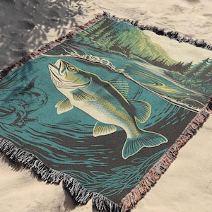 Cabin Woven Throw Blanket Walleye River Fish Art Tapestry Fly Fishing Gift For Fishermen Great Lakes House Decor Gift Man Cave Fish Blanket