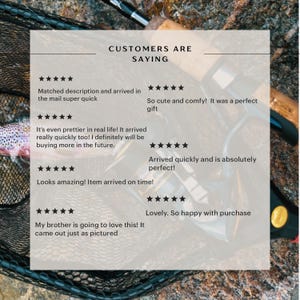 May include: Image featuring customer reviews with a fishing rod and net in the background. The text reads "CUSTOMERS ARE SAYING" followed by several five-star reviews. The reviews mention quick shipping, accurate descriptions, and satisfaction with the product.