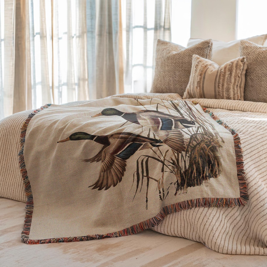 Hunting Cabin Cozy Cotton Blanket | Woven Throw Mallard Duck Blanket | Hunting Cabin Living Room Decor | Duck Lovers Rustic Woodland Decor - 50x60 inch