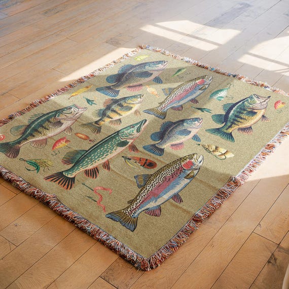Fresh Water Fishing Blanket | Trout Fish Blanket | Bass Fishing Gift | Fly Fishing Gift for Fishermen | Lake House Gift Hunting Cabin Decor