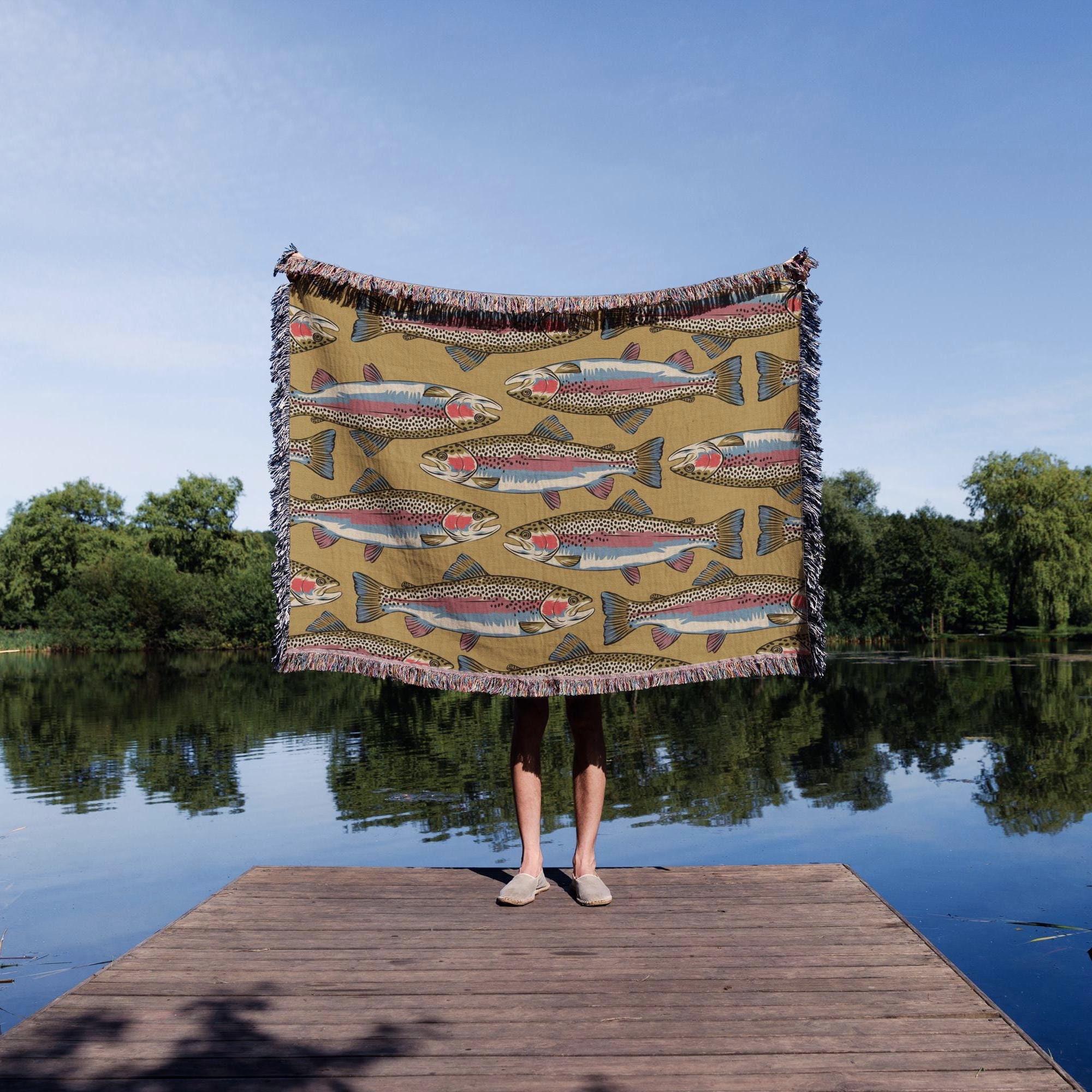Cabin Woven Throw Blanket: Rainbow Trout | Lake Trout Fishing Christmas Gift | Trout Fly Fishing Gift For Fishermen | Great Lakes House Gift