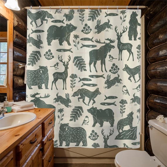 Woodland Green Shower Curtain Log Cabin | Woodland House Decor Bathroom Art | Rustic Bathroom Decor For Hunting Cabin with Deer Moose & Bear
