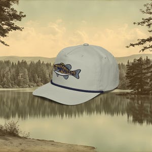 A grey baseball cap with a blue rope and a blue, ochre, and white embroidered smallmouth bass fish on the front.