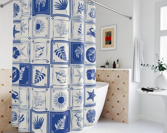 Mariana Tile Shower Curtain Beach House Bathroom Decor | Coastal Grandma Amalfi Coast Italian Artisan Art | Nautical Spain Navy Blue Decor