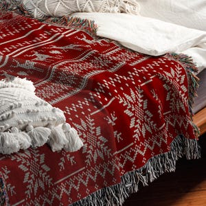 Christmas Woven Throw Blanket | Scandinavian Christmas Blanket | Nordic Throw Blanket for Couch | Woven Cotton Throw Blanket Gift for Cabin