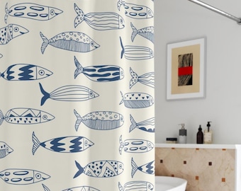Sardine Bathroom Shower Curtain | Lake House Cabin Decor | Fisherman Aesthetic Sardine Fish Print | Nautical Fishing Decor for Beach House