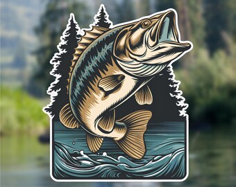 May include: A colorful illustration of a largemouth bass jumping out of the water. The fish is green, brown, and yellow with a white mouth. The water is blue and green with white waves. The background is a dark green forest.