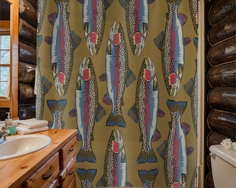 Rainbow Trout Shower Curtain for Cabin | Rustic Lake Trout Fishing Gift | Bathroom Decor For Fishermen Aesthetic | Great Lakes House Decor