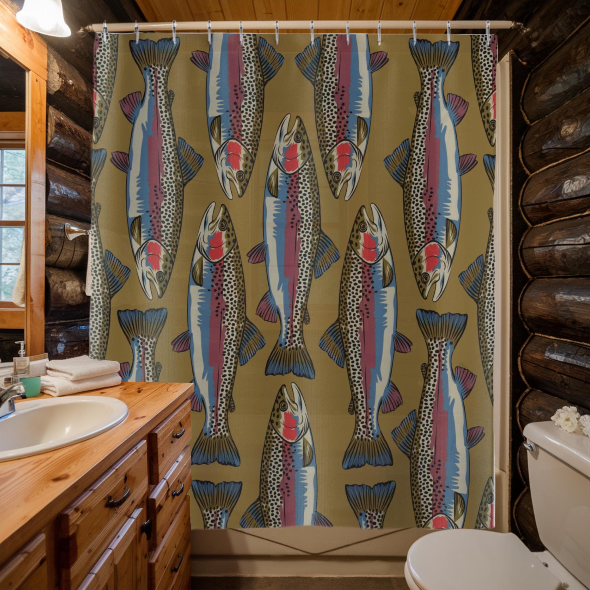 Rainbow Trout Shower Curtain for Cabin | Rustic Lake Trout Fishing Gift