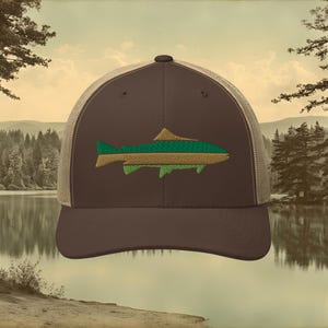 Gorra de camionero bordada con diseño de pesca de trucha / Gorra snapback de trucha de lago, regalo para pescadores / Gorra de pesca retro / Gorra de pesca de trucha de agua dulce para hombre