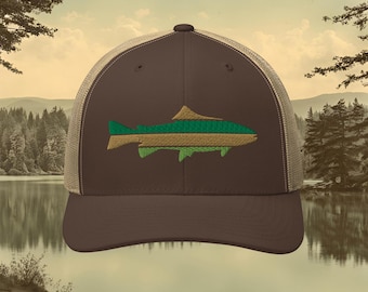 Trout Fishing Embroidered Trucker Hat | Lake Trout Snapback Gift for Fishermen | Retro Fishing Cap | Fresh Water Fish Trout Fishing Mens Hat