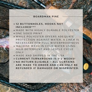 May include: Text on a white background reads "BOARDMAN PINE" and details about a product. The text includes information about buttonholes, material, print, care instructions, and shipping. The background shows a fishing net and fishing rod.