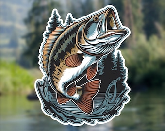 May include: A colorful illustration of a largemouth bass leaping out of the water. The fish is depicted in a realistic style with detailed scales and fins. The background features a stylized depiction of a forest with trees and water.