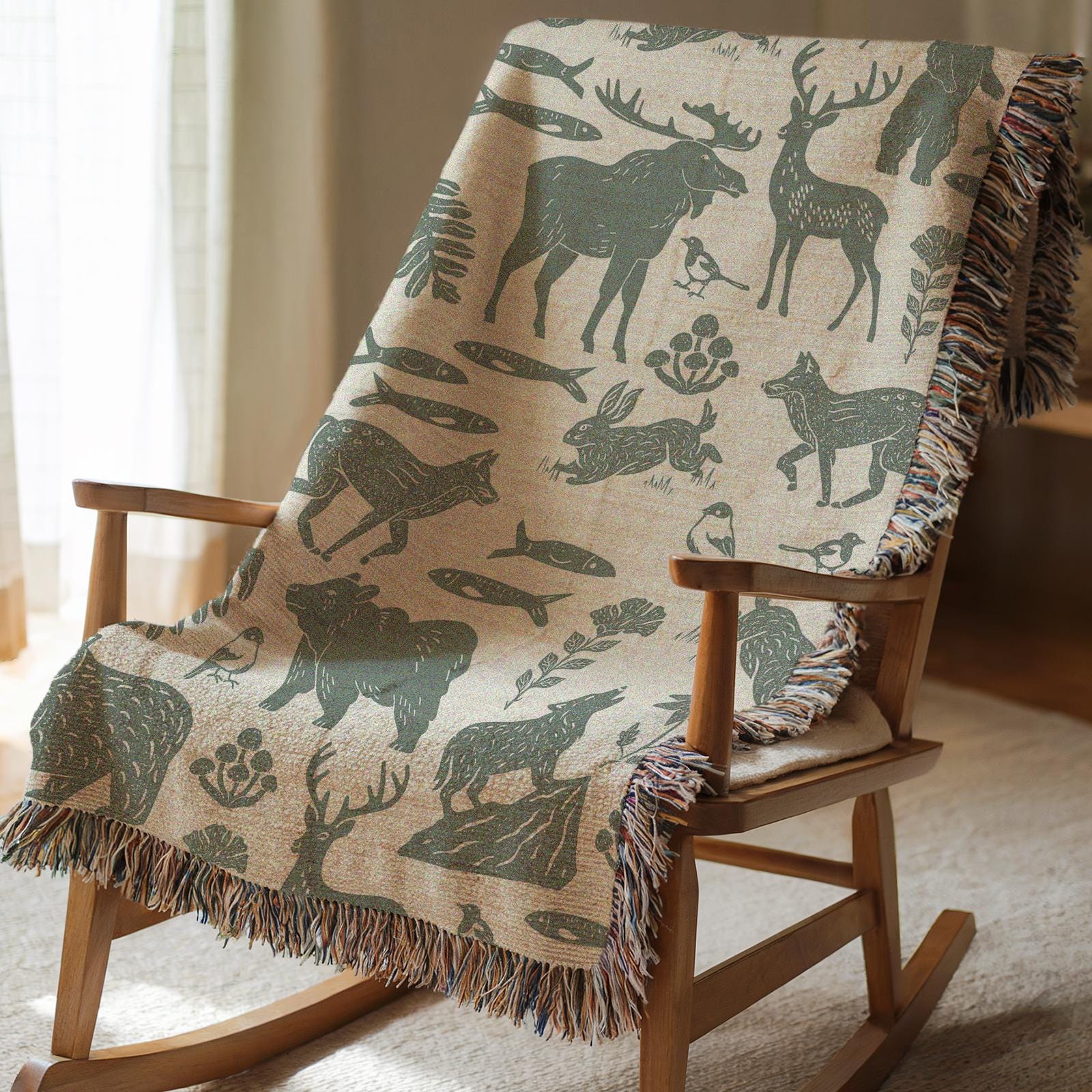 Woodland Cabin Woven Throw Blanket | Green Cozy Cotton Blanket Farmhouse Home Decor | Living Room Throw Blanket for Couch Housewarming Gift