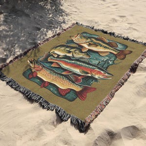 Cabin Woven Throw Blanket Bass Walleye Pike Trout Fish Art Tapestry Fly Fishing Gift For Fishermen Great Lake House Gift Man Cave Decor