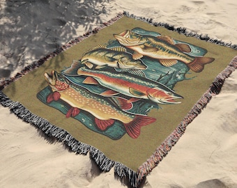 Cabin Woven Throw Blanket Bass Walleye Pike Trout Fish Art Tapestry Fly Fishing Gift For Fishermen Great Lake House Gift Man Cave Decor