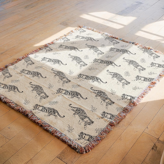 Tiger Woven Throw Blanket | Safari Tiger Blanket Tapestry | Boho Living Room Decor | Safari Fringe Tapestry Blanket | Beige Tiger Bedding