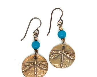Bronze and Vintage Glass Dragonfly Earrings