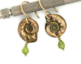 Bronze Ammonite Peridot Earrings