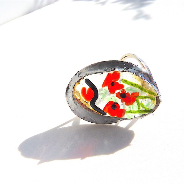 Poppy ring, red ring, handmade ring, fused glass and silver jewelry, poppy jewels, artisan glass ring, adjustable ring, adjustable