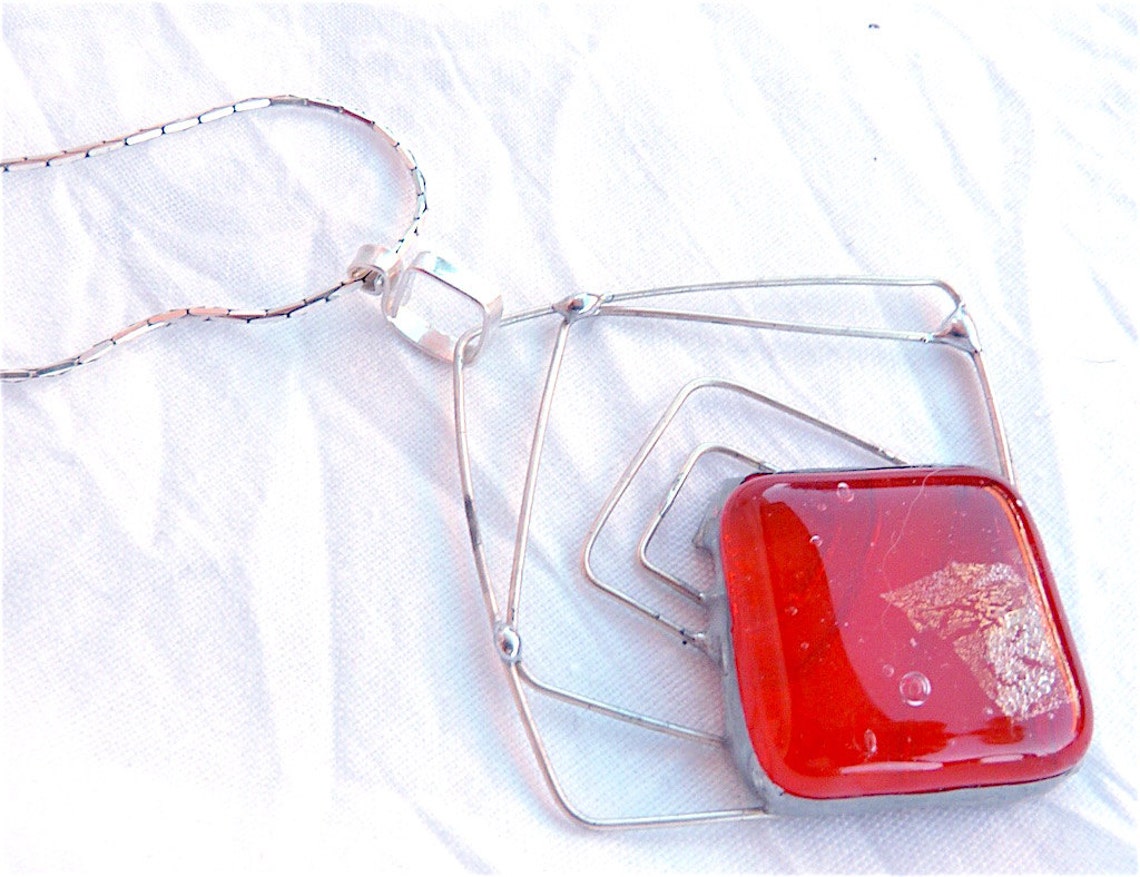 Silver and Glass Necklacesquare Shapeartisan Necklacesilver Etsy