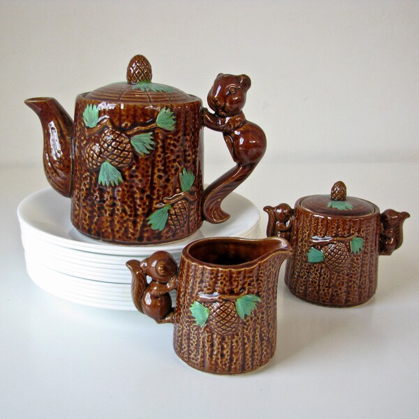 Vintage Squirrel Teapot - Sugar and Creamer - Pine Cones - Green Leaves