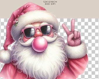 Pink Santa with Bubblegum PNG, Retro Christmas Sublimation (Digital Download)