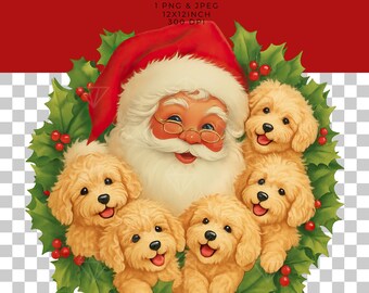 Vintage Santa with Goldendoodles Puppy Dog Christmas Sublimation Graphic (PNG & JPEG)