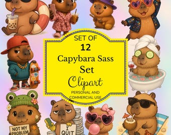 Capybara Clipart Set – 12 Sassy Chibi PNG Designs (Digital Download)