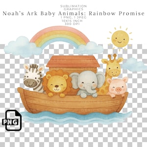 Arche Noah Baby Tiere: Regenbogen Versprechen Aquarell Sublimationsgrafik für Kinderzimmer Drucke, Babyparty Dekor, christliche Kinderkunst, PNG Druck