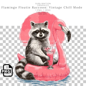Flamingo Floatie Raccoon Vintage, Sublimacja PNG, Retro Pool Party Animal Clipart, Cyfrowe pobieranie na koszulki, kubki, Letnia sztuka napojów