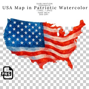 USA Karte im Vaterländischen Aquarell Sublimation PNG Grafikdesign für T-Shirts, Becher, Tassen, 4.Juli Amerikanische Flagge USA Design