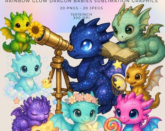 Rainbow Dragon Babies Clipart Bundle: Celestial PNG Graphics
