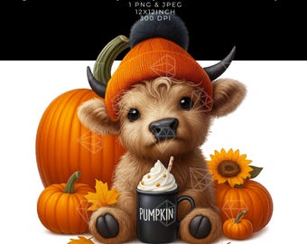 Highland Cow Pumpkin Spice Latte Sublimation Graphic: Autumn Farm Design (PNG, JPEG)