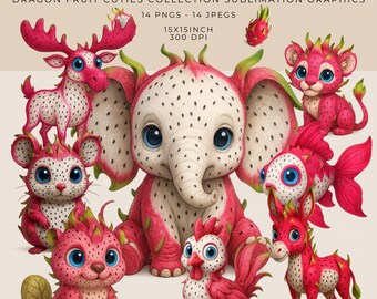 Dragon Fruit Baby Animals Clipart: Fantasy PNG Bundle
