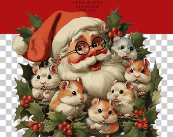 Vintage Santa & Hamsters Christmas Sublimation PNG (Digital Download)