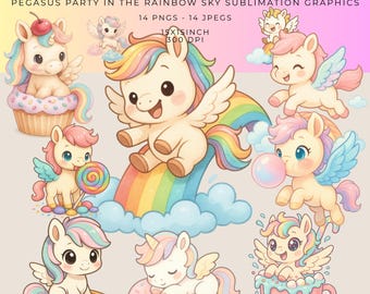 Pastel Pegasus Pony Sublimation Set: Rainbow Sky Clipart (PNG, JPEG, 300 DPI)