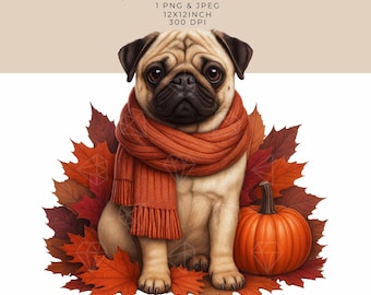 Autumn Pug with Pumpkin Sublimation Graphic: Cozy Fall Dog Art (PNG, JPEG)