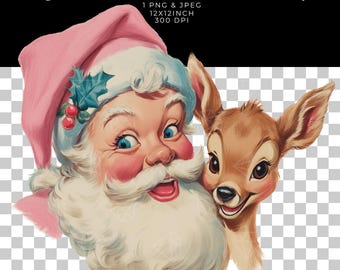 Vintage Pink Santa and Deer Sublimation Design (Digital Download)