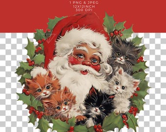 Vintage Santa with Kittens Christmas Graphic (PNG & JPEG)