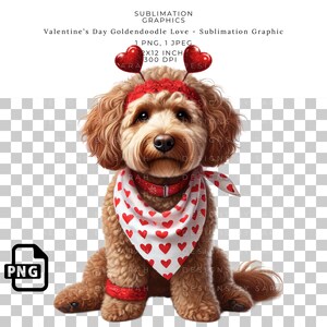 Diseño gráfico de sublimación de perro Labradoodle con corazones para camisetas, tazas, transferencias DTF y imágenes prediseñadas PNG para el día de San Valentín.