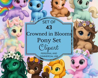 Pastel Pony Clipart Set: Flower Crown Ponies, Sublimation Graphics