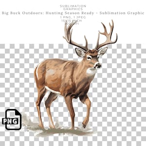 May include: A digital illustration of a brown and white deer with large antlers walking through a field. The deer is facing the right side of the image. The background is a transparent checkered pattern.