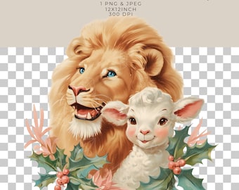 Vintage Lion and Lamb Christmas Sublimation Design (PNG & JPEG)