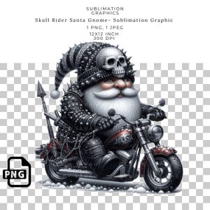 Skull Rider Santa Gnome Sublimation Graphic, Christmas Biker Gnome DTF Transfer Design Motorcycle Santa PNG Arte digital para artesanato, clipart