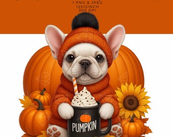 Pumpkin Spice French Bulldog Graphic: Cozy Autumn Design (PNG, JPEG)