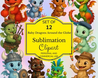 Cultural Baby Dragons Clipart Set: Global PNG Graphics (Digital Download 12 PNGs, 15x15in