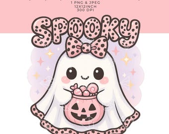 Kawaii Ghost Halloween Sublimation Graphic: Pink Candy Bag, Pastel Stars (PNG, JPEG Digital Download
