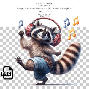 Tanzender Waschbär mit roten Glitzerkopfhörern Sublimation PNG, lustige digitale DTF-Transfergrafik für T-Shirts, Becher, Tassen, Clipart Crafts.